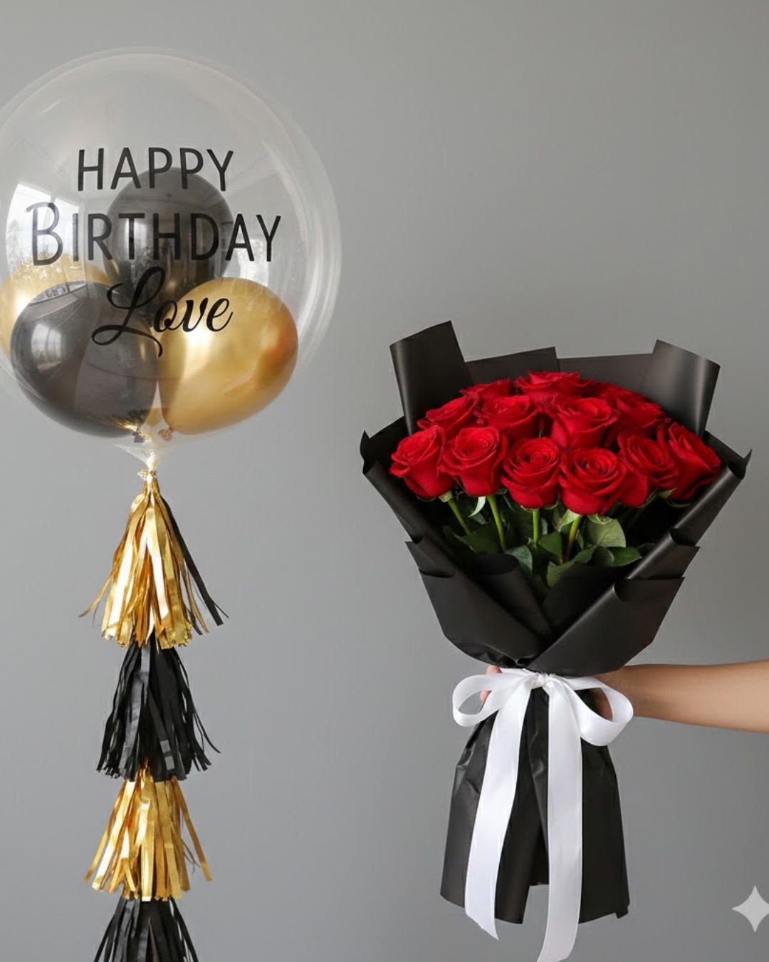 Customized Balloon and Flower Arrangement – Combination 4 (Red Roses & Bubble Balloon)