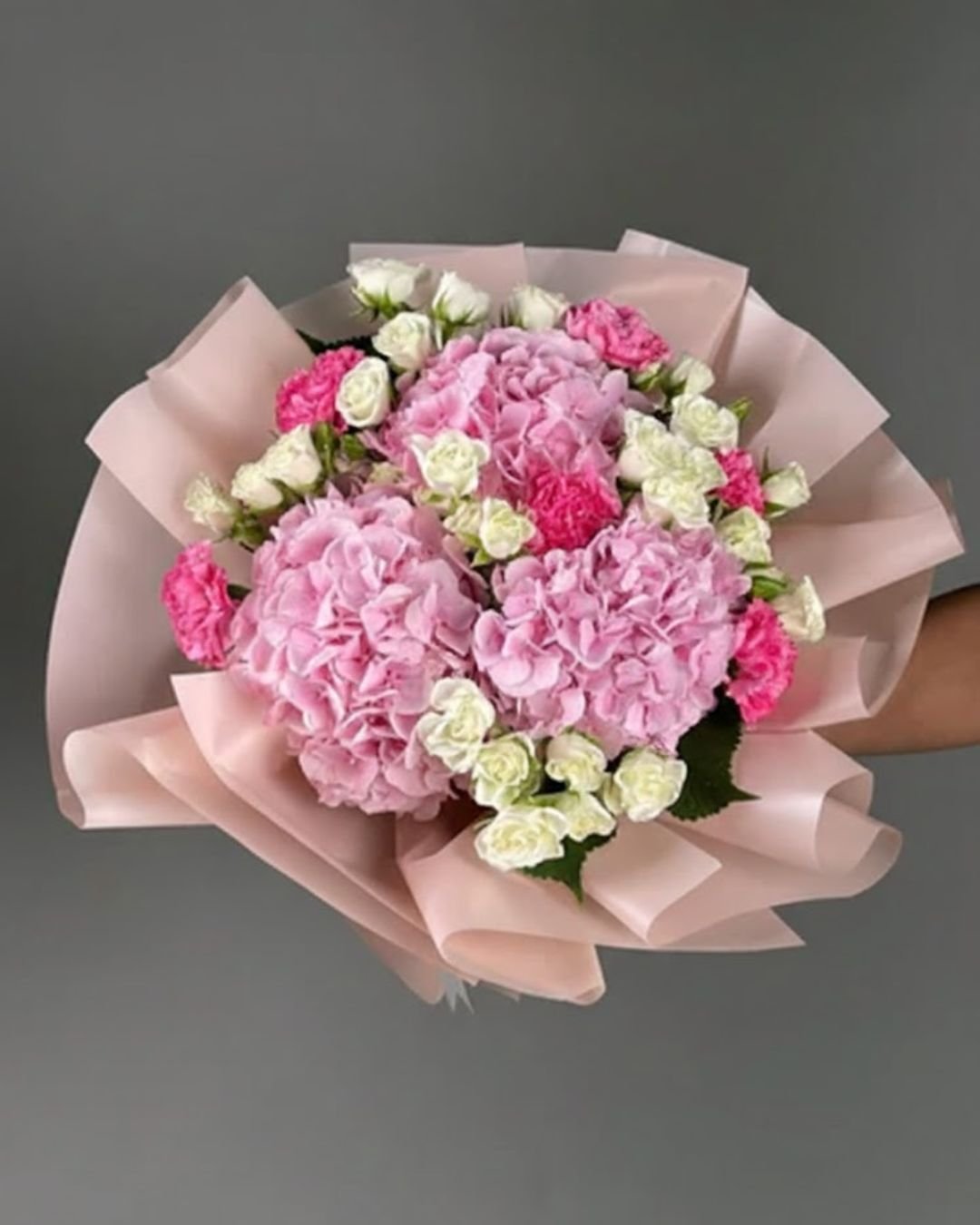 Hydrangeas and Roses Flower Bouquet – Pink and White Elegant Floral Arrangement