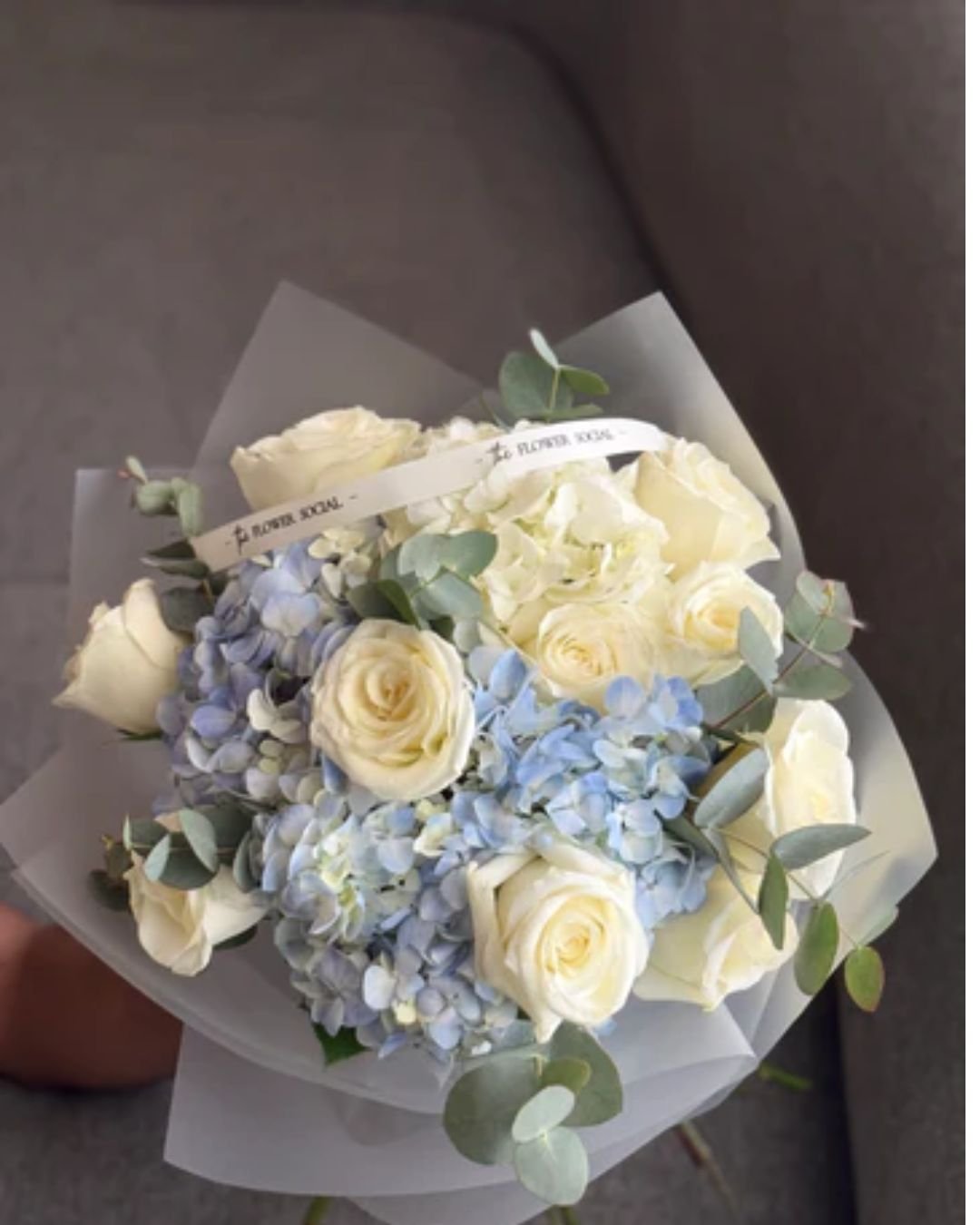 Baby Blue and White Flower Bouquet – Blue Hydrangea and White Roses