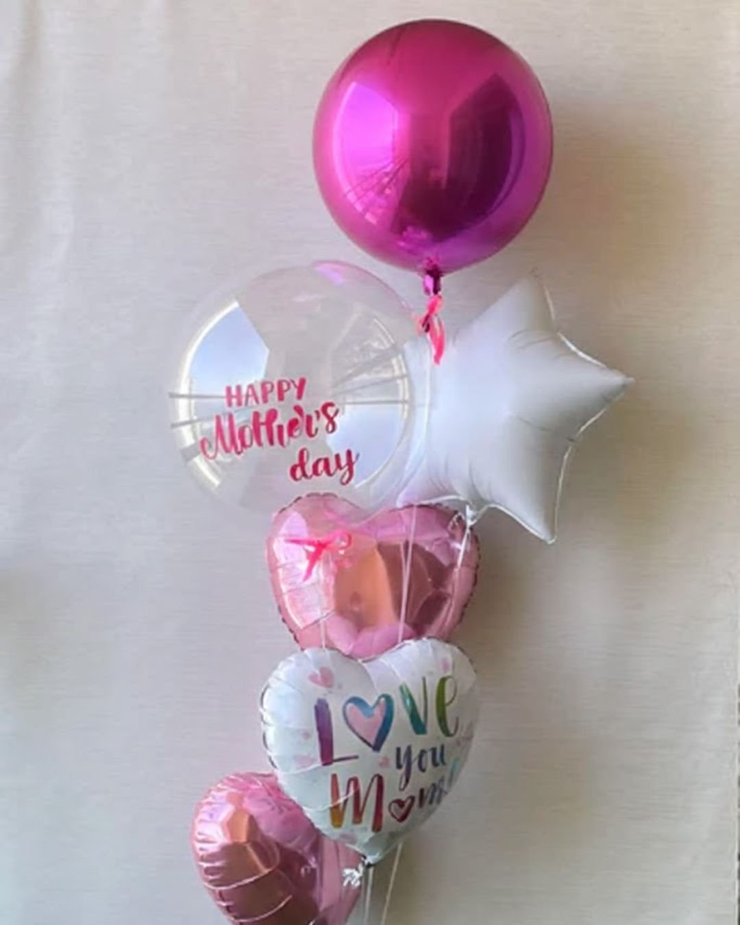 Mother's Day Balloon Bouquet – Medium Orbz with Customized Bubble, Heart and Star Foils