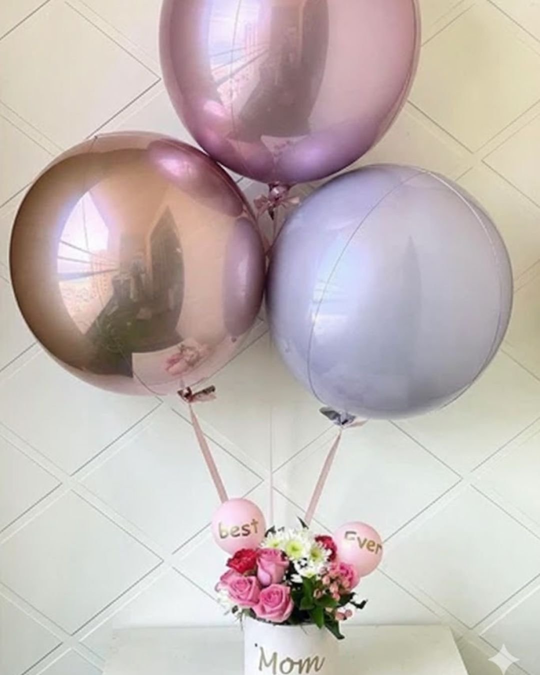 Mother’s Special Orbz and Floral Arrangement – 3 Orbz Balloons with Floral Basket
